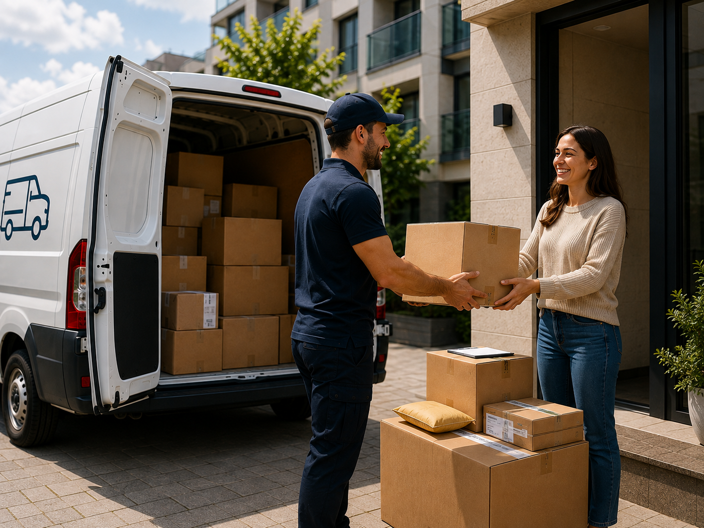Goods being carefully loaded or unloaded from a van